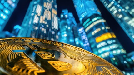 A golden cryptocurrency coin situated in a bustling metropolitan area
