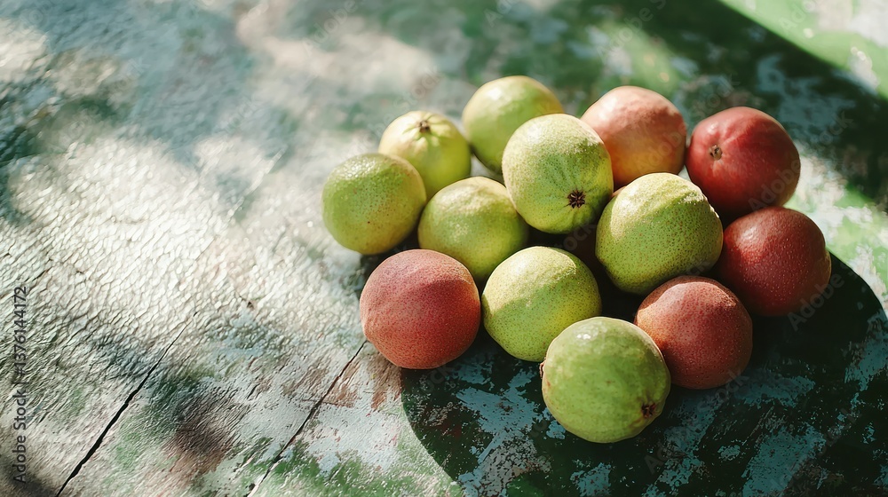 Poster a variety of guava fruits placed on a textured surface with natural light coming from a distance.