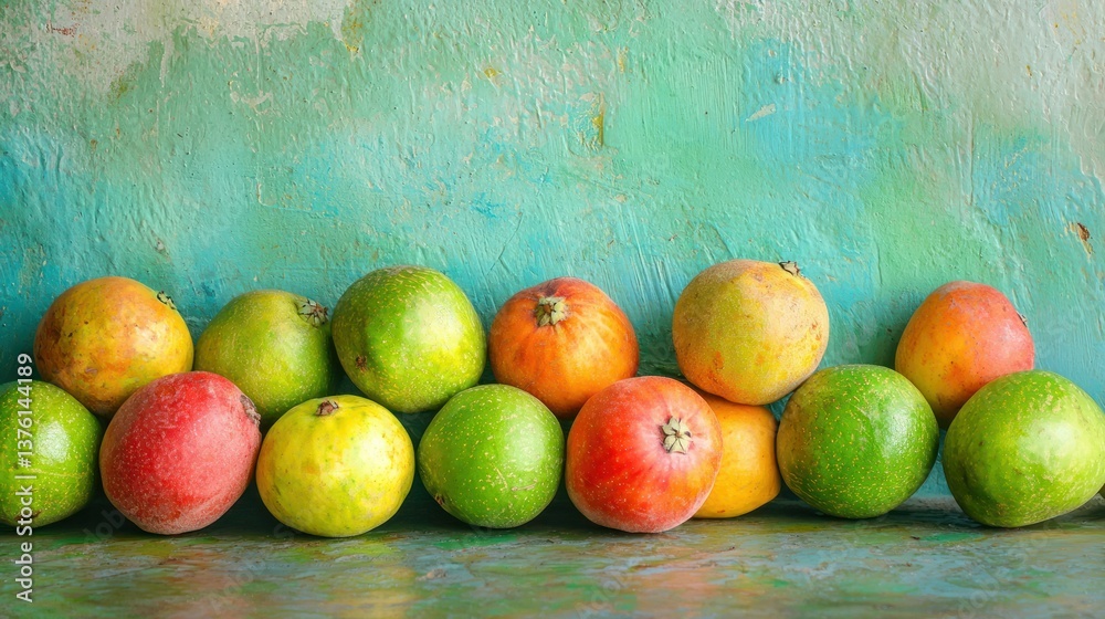 Poster a variety of guava fruits placed on a textured surface with natural light coming from a distance.