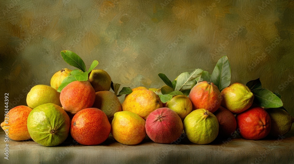 Poster a variety of guava fruits placed on a textured surface with natural light coming from a distance.
