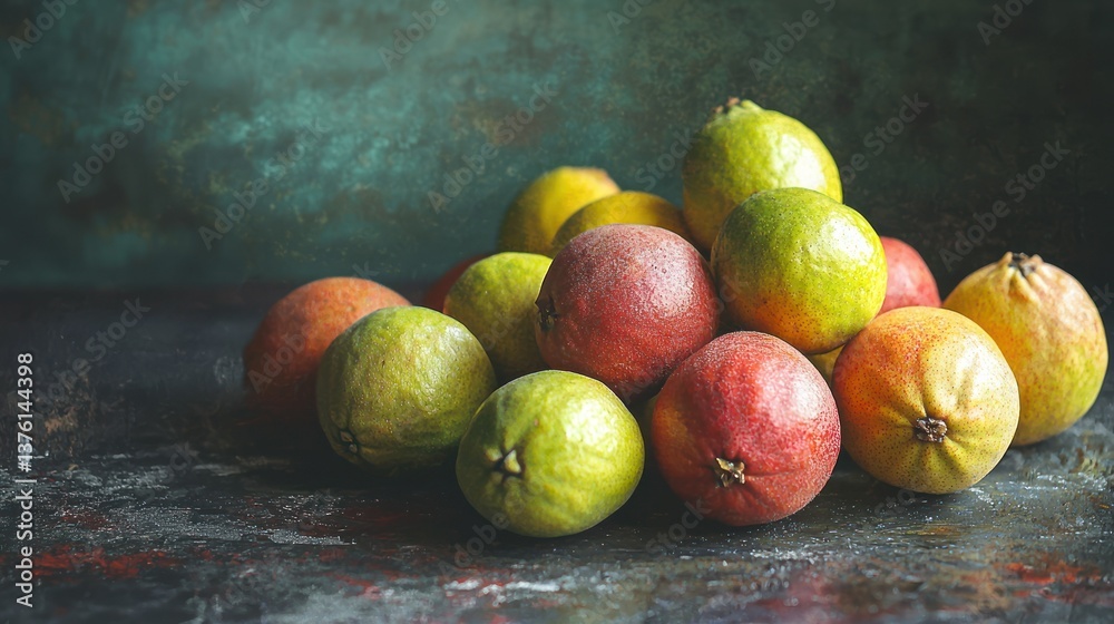 Poster a variety of guava fruits placed on a textured surface with natural light coming from a distance.