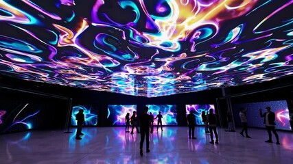 Museum visitors admire an immersive digital art installation featuring colorful, swirling, abstract patterns projected onto the ceiling and walls, creating a captivating and futuristic atmosphere - Powered by Adobe