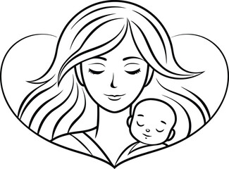 Outline Portrait Of Mother With Baby Heart Shape Silhouette Transparent BG