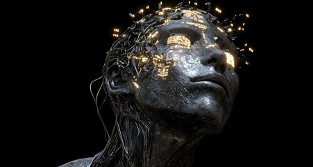 A digital artwork of an AI robot head, half human and half machine with intricate circuitry visible through its skin