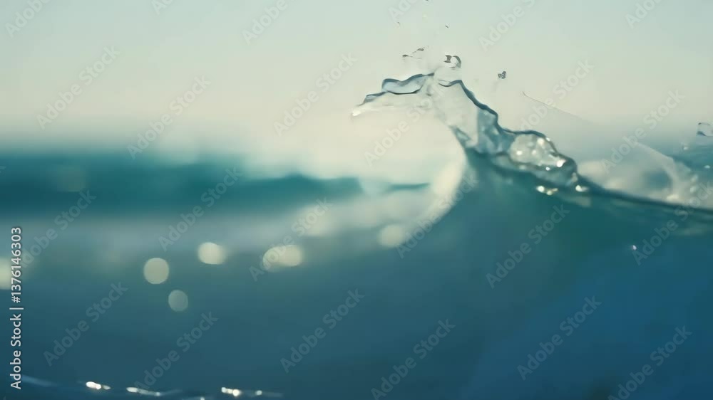 Poster a wave in the ocean with water splashing out. the water is blue. the wave is crashing