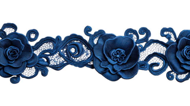Blue floral lace trim, elegant decor element, intricate design, cut out transparent