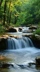 Fototapeta premium Natural stream flowing gently through a forest landscape, ideal for calm and tranquil mobile backgrounds.