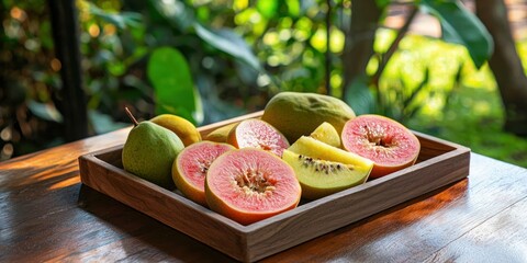 A wooden tray with guava slices and other fruits, set on a table with a scenic garden background. 