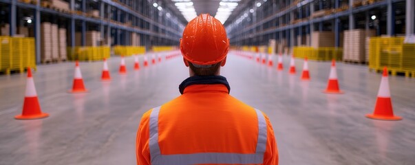A worker in an orange safety vest and helmet observes a warehouse space marked by traffic cones, emphasizing safety and organization.