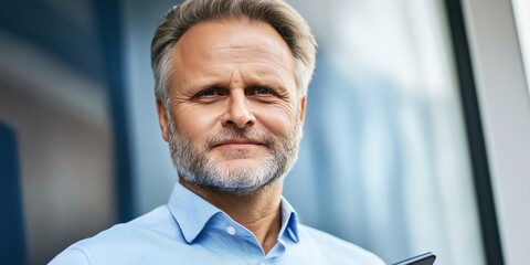 Confident mature caucasian male with gray beard in blue shirt outdoors