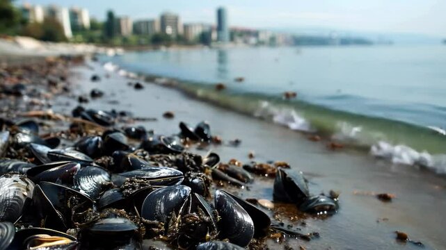 Sea coast with shells and water. Useful for advertising tourist destinations, environmental projects.
