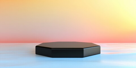 Geometric black pedestal on pastel background with sunset gradient effect