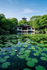 Fototapeta premium arafed view of a pond with lily pads and a pagoda in the background