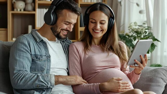 A loving couple embraces as they eagerly await the arrival of their first child. A supportive husband and his pregnant wife share a deep love as they dream of parenthood, planning for the future.