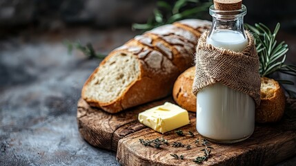 Fresh Bread, Milk & Butter on Rustic Board
