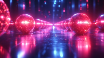 Glowing spheres line futuristic corridor, neon lights