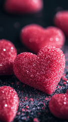 Obraz premium A close-up of glittery red heart-shaped candies on dark background adds a romantic sparkle to any phone wallpaper.
