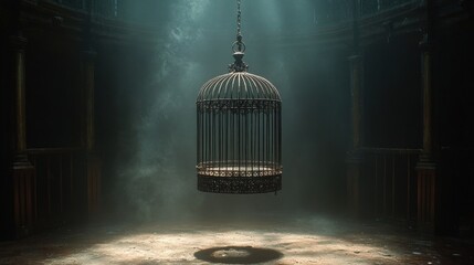 Empty birdcage suspended in dark, ornate interior