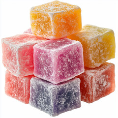 Stacked Colorful Cube Candies with Powdered Sugar on White Background