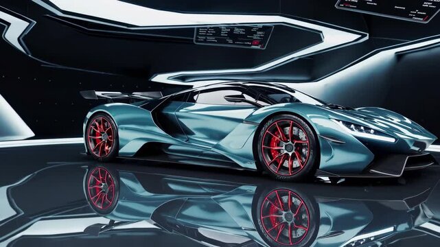 Sleek futuristic teal hypercar rotating slowly on a reflective black floor inside a dark showroom with glowing lines and digital data displayed on screens