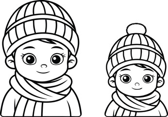 Outline Cartoon Girls with Hats and Scarves on White Background | Winter Theme