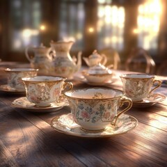 Exquisite floral china tea set on wooden table, bathed in warm sunlight