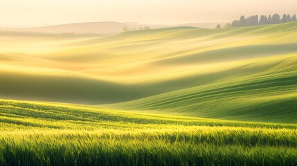 Obraz premium A misty spring morning with soft golden light illuminating fresh green fields.