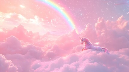 48. A radiant pastel unicorn resting on a fluffy cloud, with a glowing rainbow arching overhead and sparkling stars in a soft, pink sky