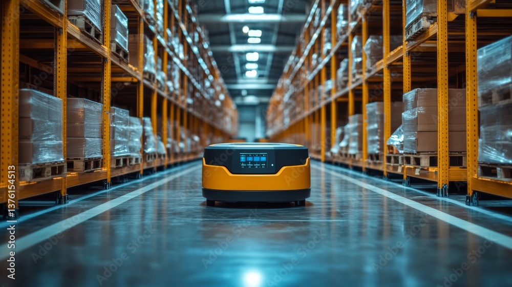 Poster A robotic device navigates between rows of shelf racks in a well organized warehouse, facilitating the movement of goods and streamlining distribution processes.