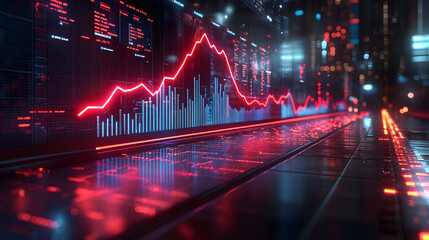 Red Stock Market Graph Digital Display on a futuristic digital background. 
