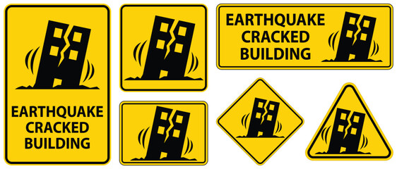 Fototapeta premium Earthquake Warning Sign with Cracked Building