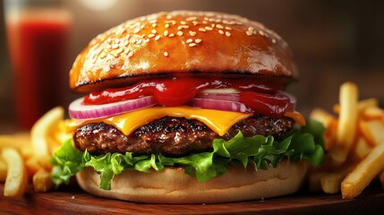 Generative AI image of yummy burger with grilled meat topped with vegetables tomatoes ketchup sliced onions cheese fresh lettuce and soft buns placed on board with fries illustration