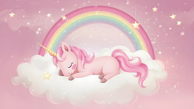 50. A magical pastel unicorn lying on a fluffy cloud under a glowing rainbow with sparkling stars in a soft, pink, fantasy sky