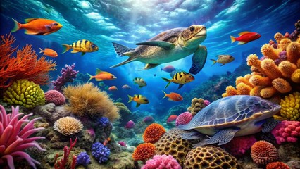 Naklejka premium Vibrant Underwater Scene Featuring Colorful Fish and Majestic Sea Turtles Gracefully Swimming Among Lush Coral Reefs
