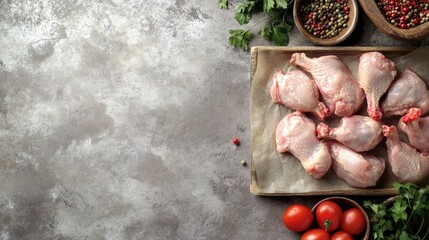 Raw Chicken Legs with Tomatoes and Peppers on a Rustic Background