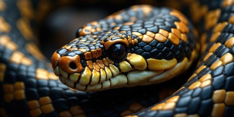 Fototapeta premium Close-up of a reptile with intricate black and gold patterned scales, showcasing its detailed texture and captivating gaze