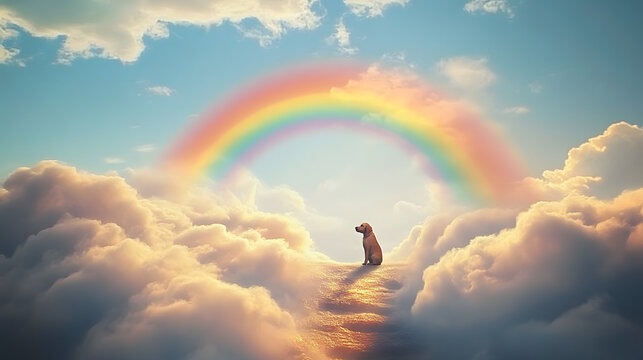 A pastel-colored rainbow bridge arches over soft clouds with a dog waiting lovingly at the end on Rainbow Bridge Remembrance Day