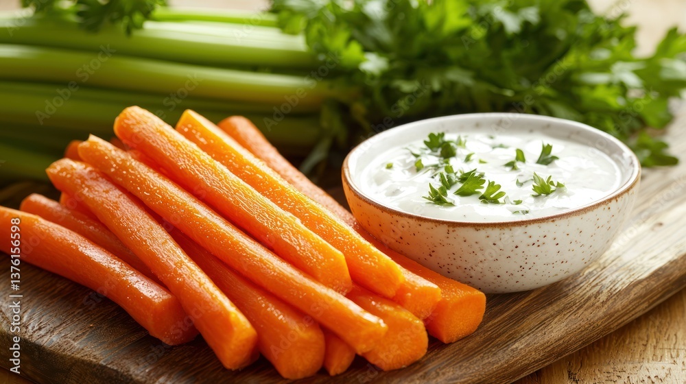Poster carrot sticks served with ranch dressing on side
