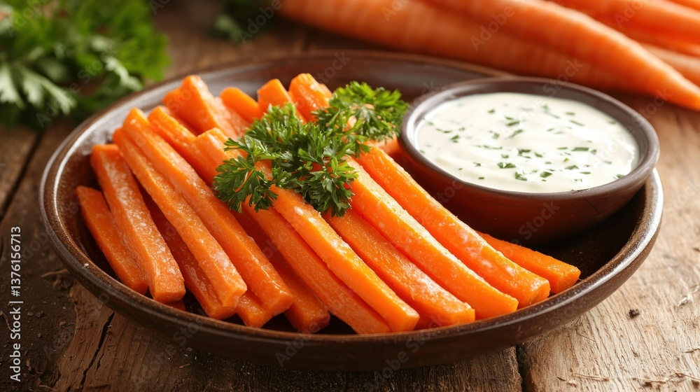 Poster carrot sticks served with ranch dressing on side