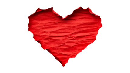 Red wrinkled heart shape on black background, cut out transparent