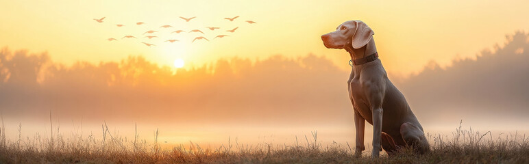 A noble Weimaraner emerging from a light fog, the fog swirling into the shape of birds that trail upward into a pastel sky