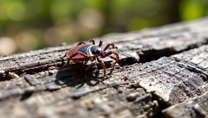 Obraz premium Tick crawling on wooden surface in natural environment 