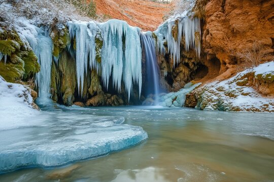 Frozen waterfall cascading into a clear pool, surrounded by icy formations and red rock cliffs in winter.