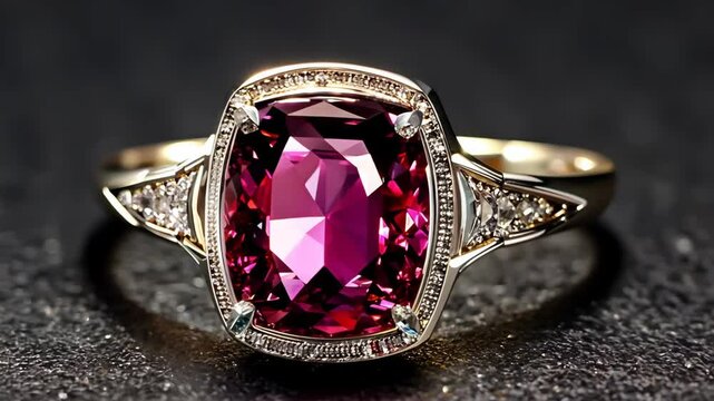A large, gold and pink ring with diamonds. The ring is on a table