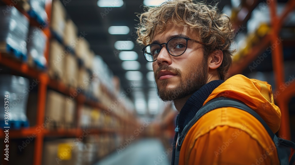 Poster a logistics expert examines inventory lines in a modern warehouse, showcasing the blend of technolog