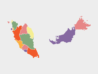 Colored map of Malaysia divided into states and territories. White flat design isolated on a white background. Highly detailed illustration