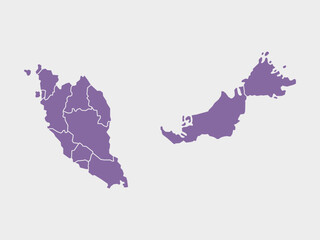 Purple map of Malaysia divided into states and territories. White flat design isolated on a white background. Highly detailed illustration