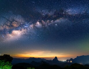 Fototapeta premium Milky Way with stars shining brightly beautiful at night on the sky background in Thailand 
