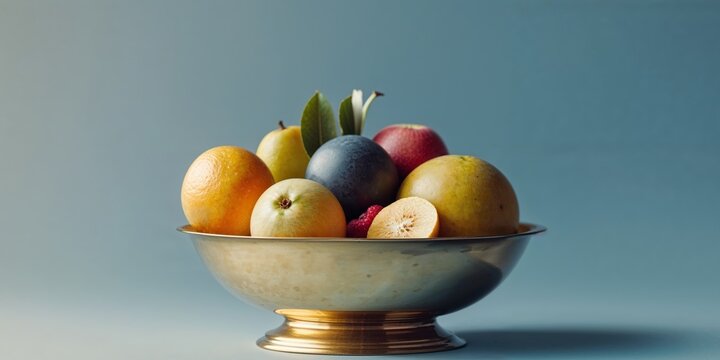 Still Life of Fresh Fruits in Brass Bowl on Blue Background.