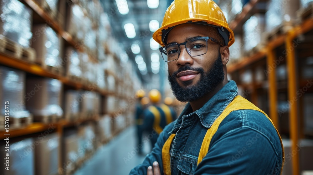 Poster A man in safety gear stands confidently in a busy warehouse, where workers are engaged in transporting packages. The setting emphasizes logistics and streamlined operations.